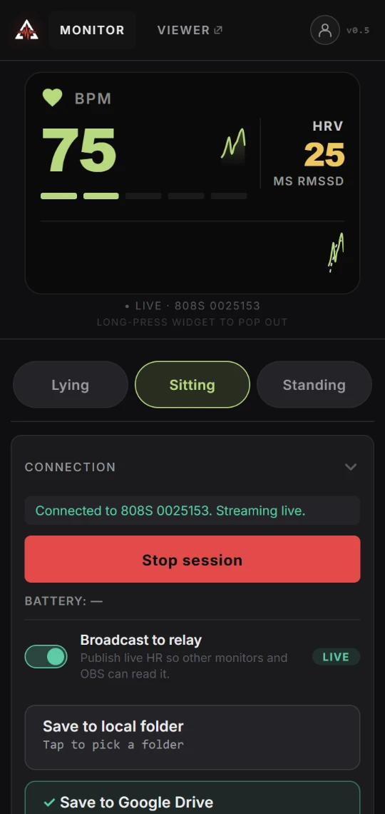 Monitor before, phone: the widget, posture buttons and the red Stop session button