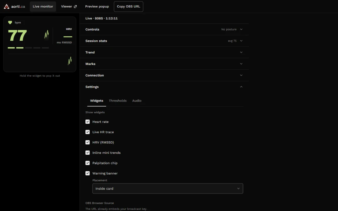 Monitor settings now, laptop: Widgets tab with the shared checkboxes and a full-size Placement field