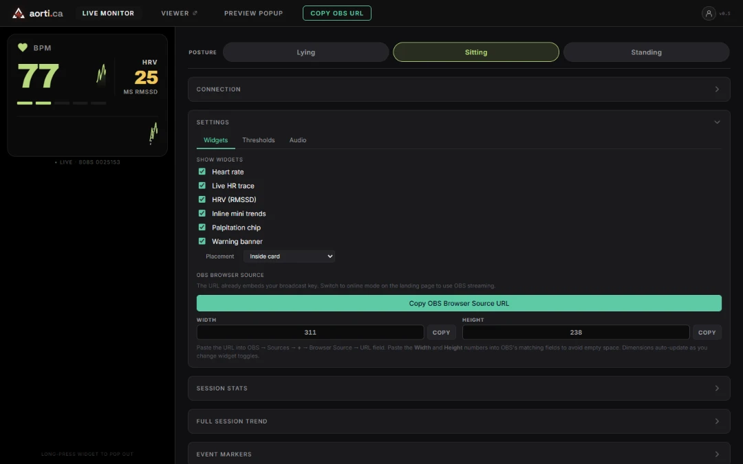 Monitor settings before, laptop: Widgets tab with small all-caps labels and a wide green copy button
